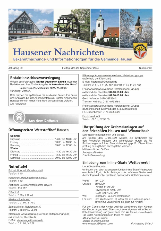 Hausener Nachrichten Titelblatt 38/2024