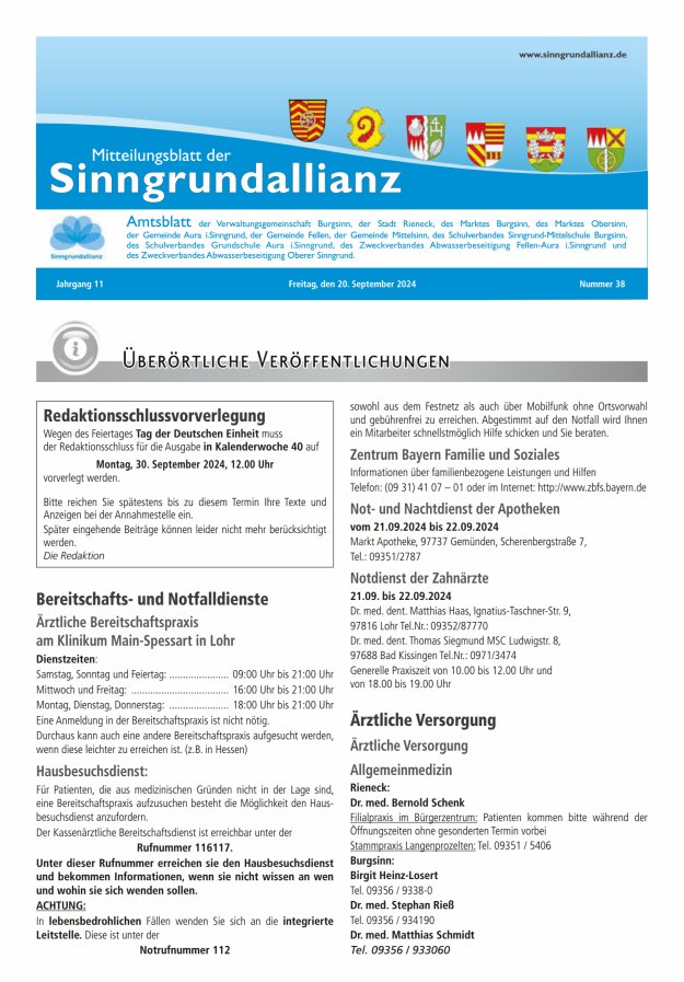 Mitteilungsblatt der Sinngrundallianz Titelblatt 38/2024