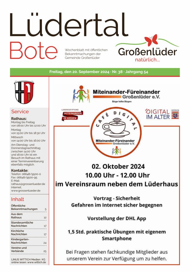 Wochenblatt mit öffentlichen Bekanntmachungen der Gemeinde Großenlüder Titelblatt 38/2024