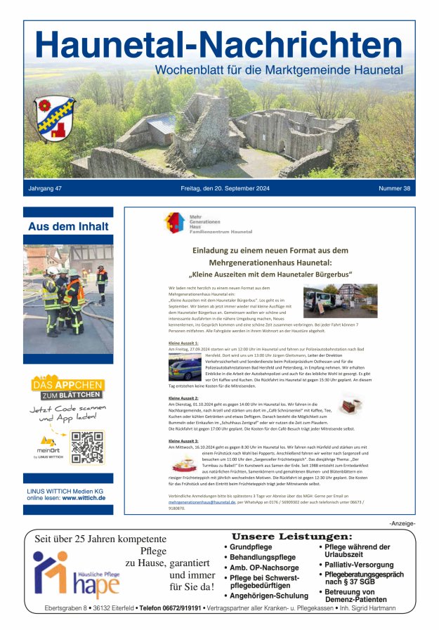 Haunetal-Nachrichten Titelblatt 38/2024