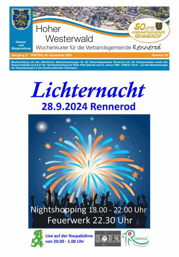 Hoher Westerwald - Wochenkurier für die Verbandsgemeinde Rennerod Titelblatt 38/2024