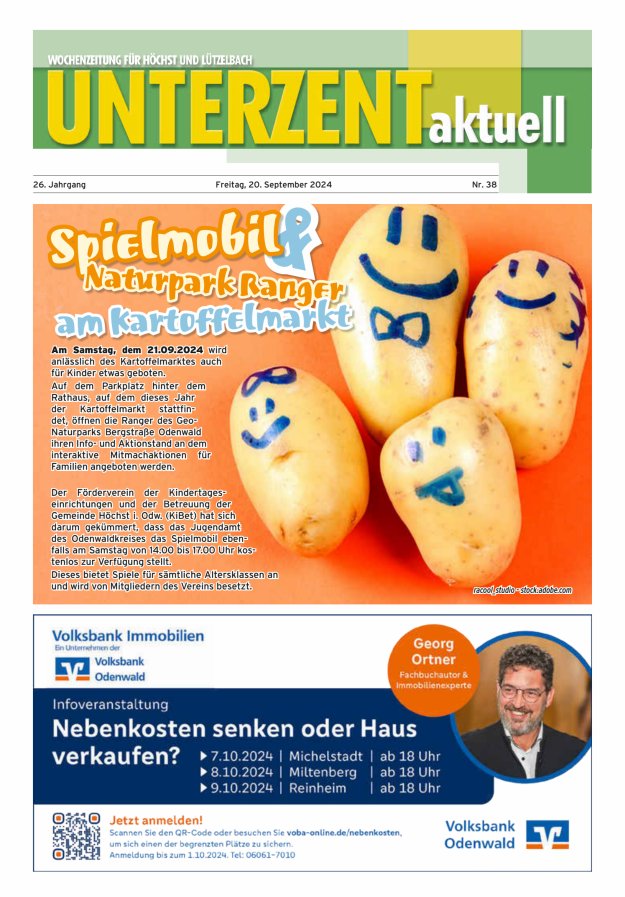 Unterzent aktuell Wochenzeitung für Höchst und Lützelbach Titelblatt 38/2024