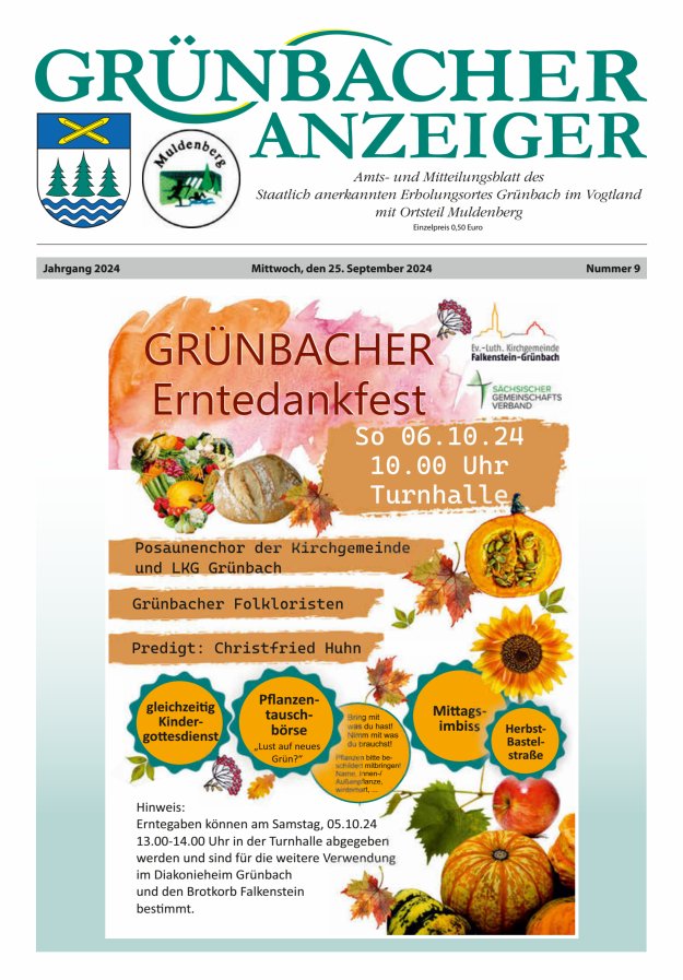 Grünbacher Anzeiger - Amts- und Mitteilungsblatt Titelblatt 09/2024