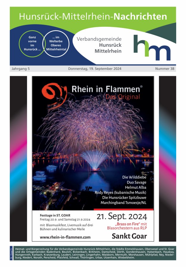 Hunsrück-Mittelrhein Nachrichten Ausgabe St Goar Oberwesel Titelblatt 38/2024