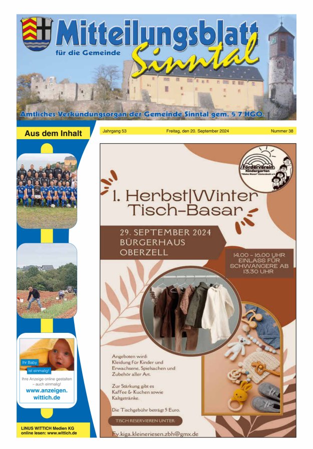 Mitteilungsblatt für die Gemeinde Sinntal Titelblatt 38/2024