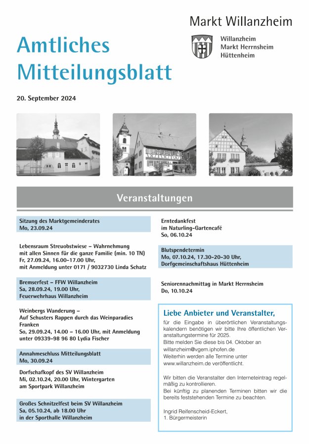 Amtliches Mitteilungsblatt des Marktes Willanzheim Titelblatt 19/2024