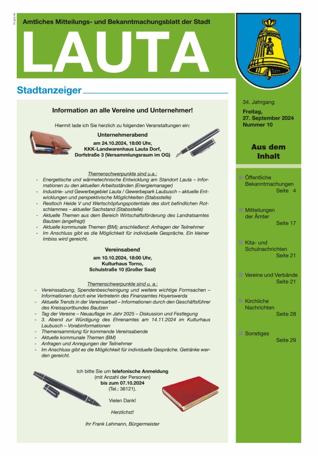 Amtliches Mitteilungs- und Bekanntmachungsblatt der Stadt Lauta - Stadtanzeiger Titelblatt 10/2024