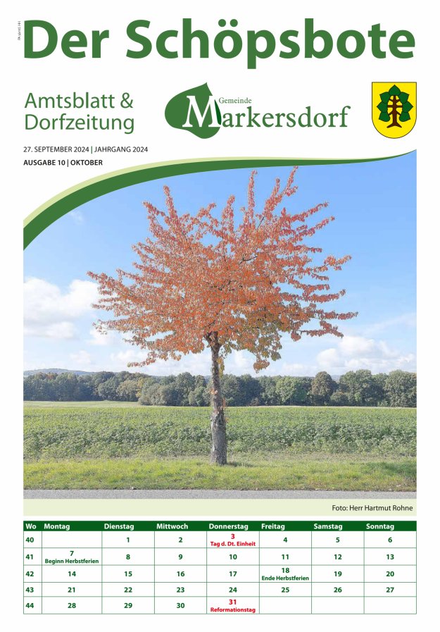 Amtsblatt und Dorfzeitung der Gemeinde Markersdorf Titelblatt 10/2024