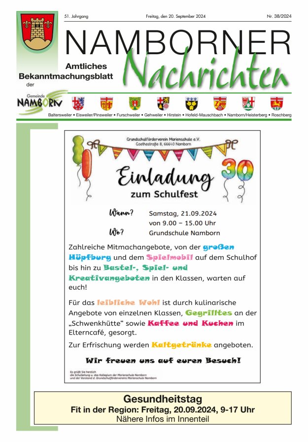 Namborner Nachrichten Titelblatt 38/2024