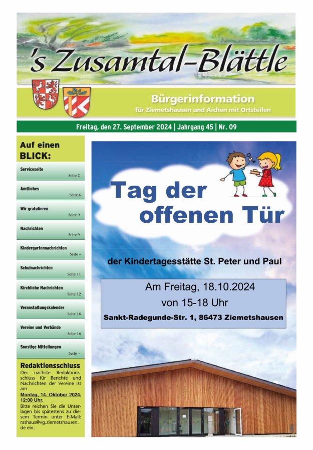 's Zusamtal-Blättle Bürgerinformationen für Ziemetshausen und Aichen mit OTen Titelblatt 09/2024