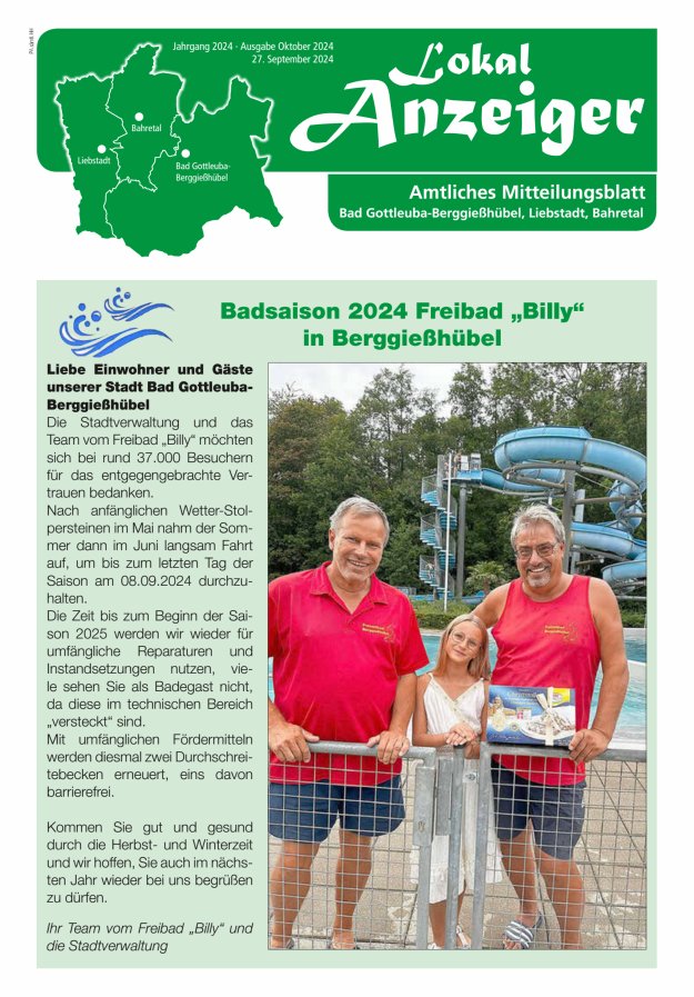 Lokal-Anzeiger - Amtliches Mitteilungsblatt Bad Gottleuba-Berggießhübel, Liebstadt, Bahretal Titelblatt 09/2024