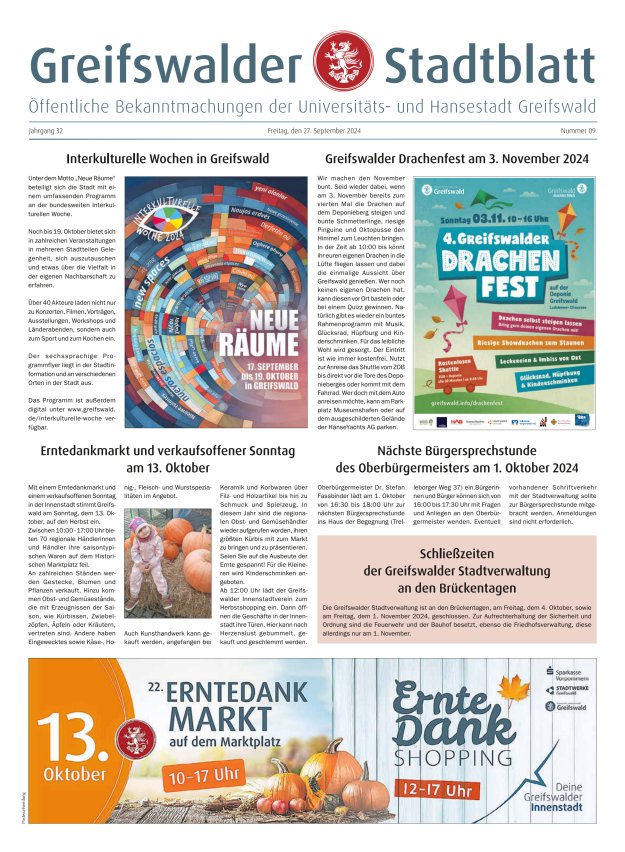 Greifswalder Stadtblatt Titelblatt 09/2024