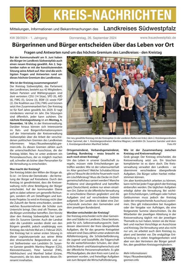 Kreis-Nachrichten - Mitteilungen des Landkreises Südwestpfalz Titelblatt 39/2024