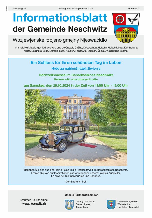 Informationsblatt der Gemeinde Neschwitz mit amtlichen Mitteilungen Titelblatt 09/2024
