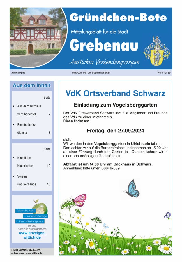 Grebenau - Gründchen Bote - Mitteilungsblatt für die Stadt Grebenau Titelblatt 39/2024