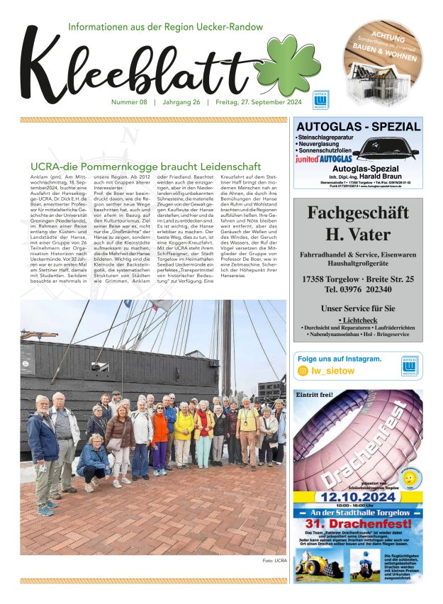 Kleeblatt - Mitteilungsblatt der Region Uecker-Randow Titelblatt 08/2024