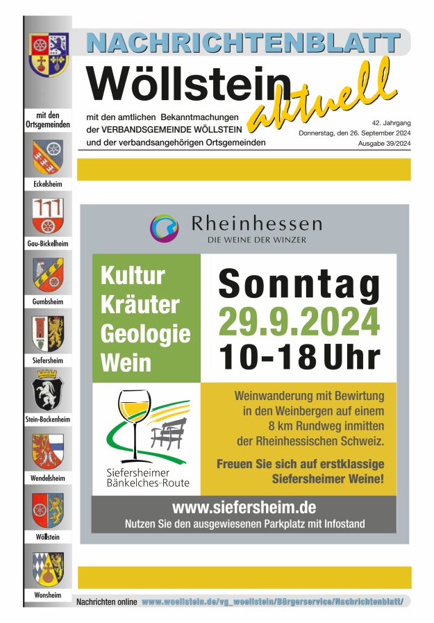Nachrichtenblatt Wöllstein aktuell Titelblatt 39/2024
