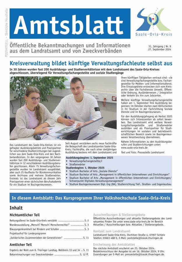 Amtsblatt des Saale-Orla-Kreises Titelblatt 09/2024