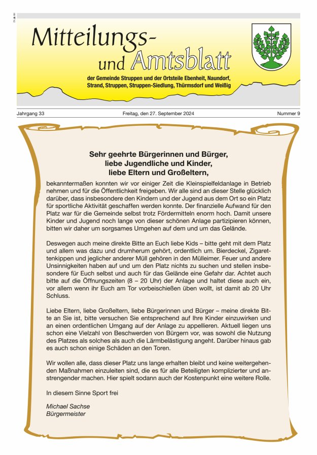 Mitteilungs- und Amtsblatt der Gemeinde Struppen und der Ortsteile Titelblatt 09/2024