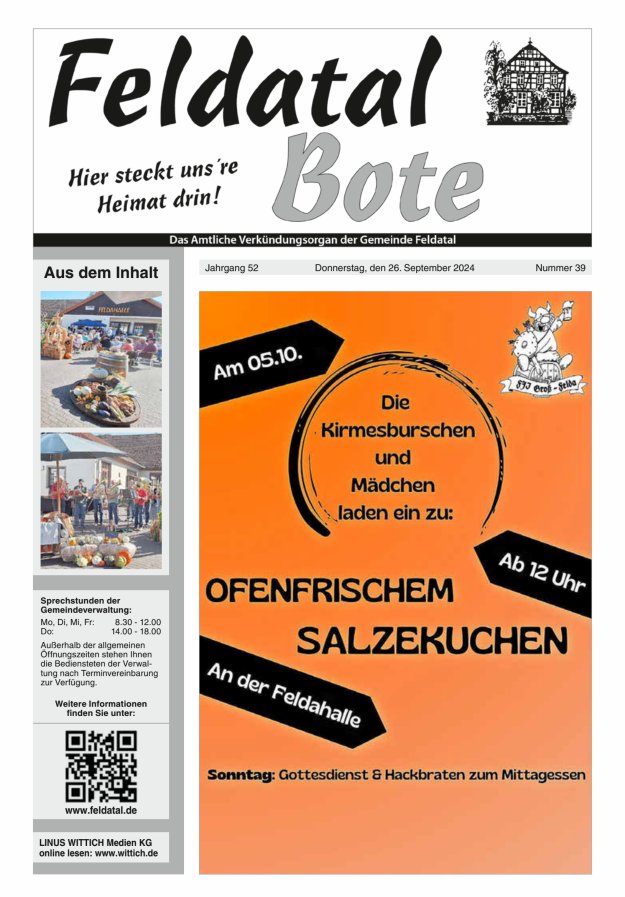 Das Amtliche Verkündungsorgan der Gemeinde Feldatal Titelblatt 39/2024