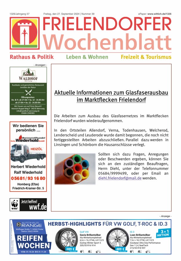 Frielendorfer Wochenblatt Titelblatt 39/2024