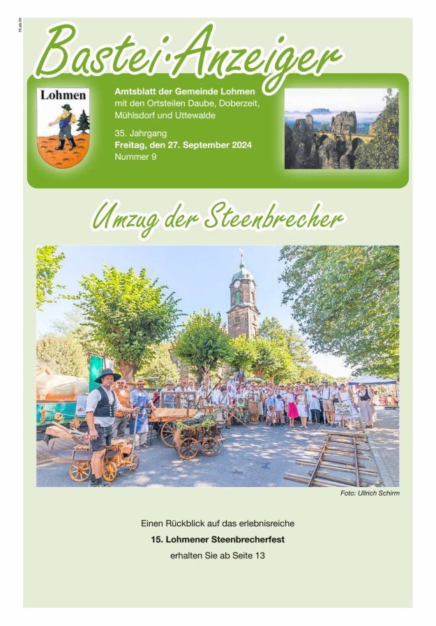 Bastei-Anzeiger - Amtsblatt der Gemeinde Lohmen mit den Ortsteilen Titelblatt 09/2024