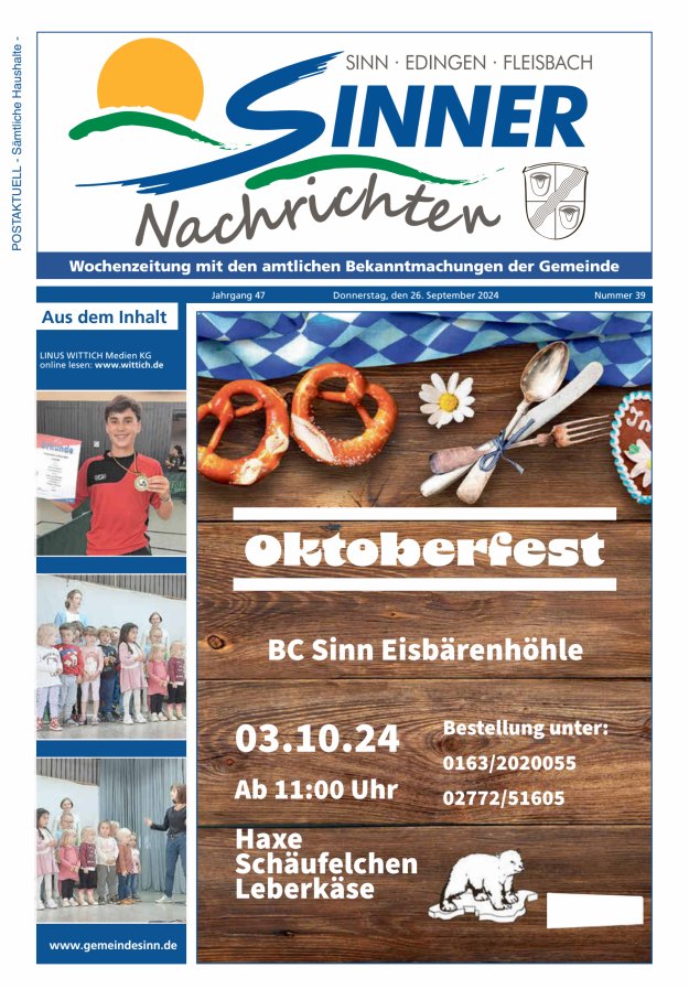 Sinner Nachrichten Titelblatt 39/2024