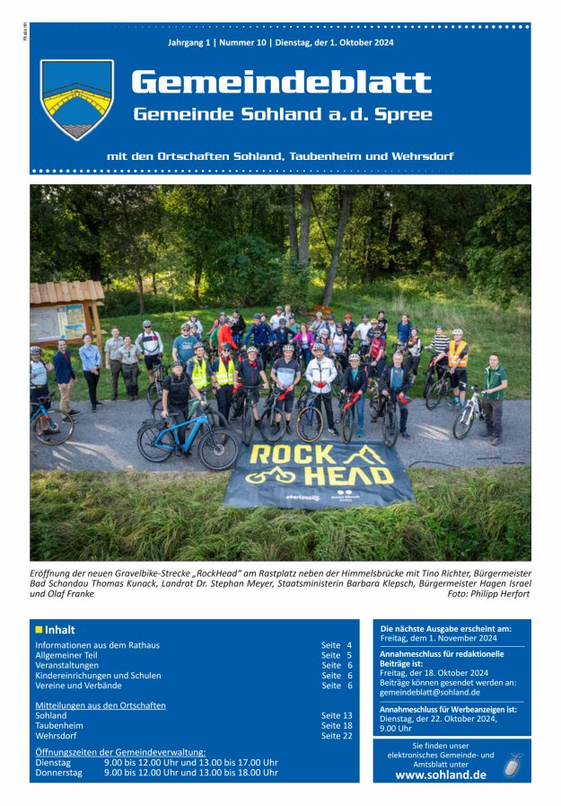 Amtsblatt der Gemeinde Sohland a. d. Spree mit den Ortschaften Sohland, Taubenheim und Wehrsdorf Titelblatt 10/2024