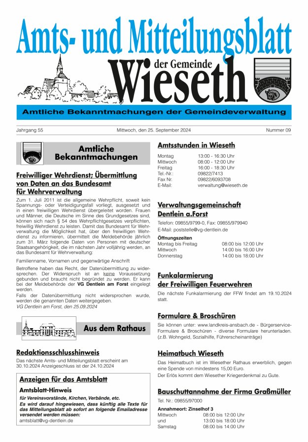 Amts- und Mitteilungsblatt der Gemeinde Wieseth Titelblatt 09/2024