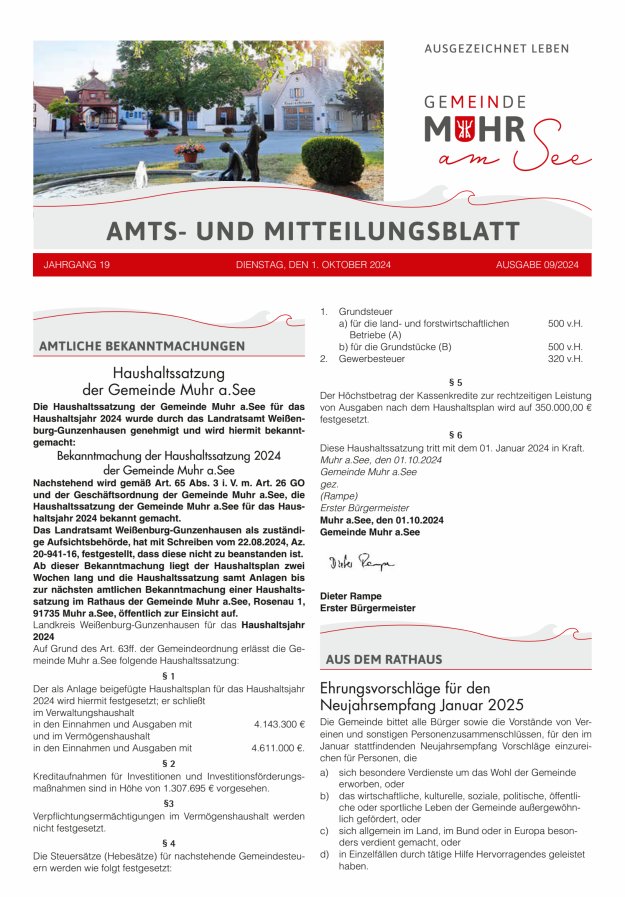 Muhrer Heimatbrief Amts- u Mitteilungsblatt der Gemeinde Muhr a See Titelblatt 09/2024