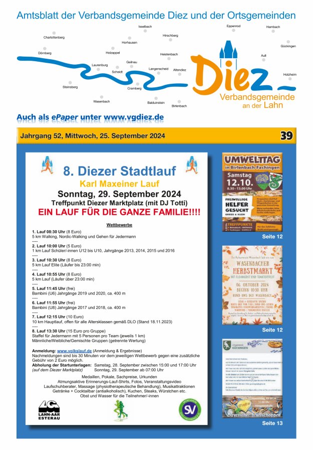 Mitteilungsblatt der Verbandsgemeinde Diez und der Ortsgemeinden Titelblatt 39/2024