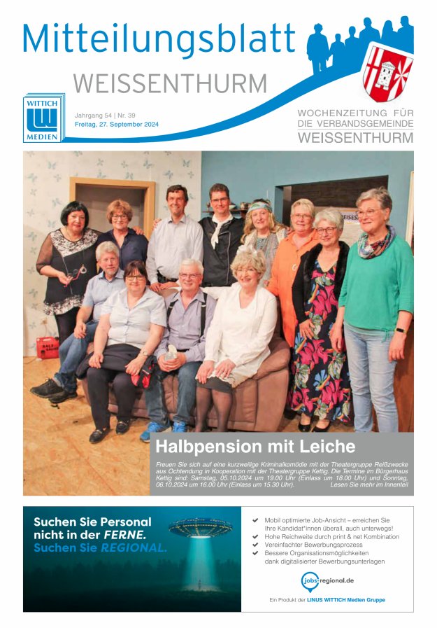 Mitteilungsblatt für den Bereich der Verbandsgemeinde Weißenthurm Titelblatt 39/2024