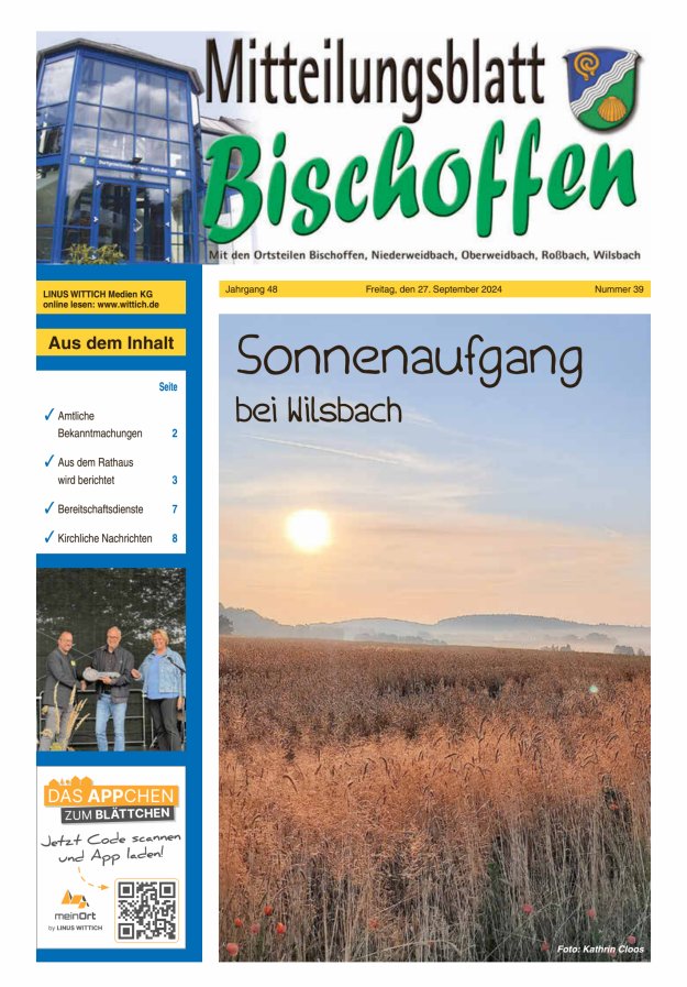Mitteilungsblatt für die Gemeinde Bischoffen Titelblatt 39/2024