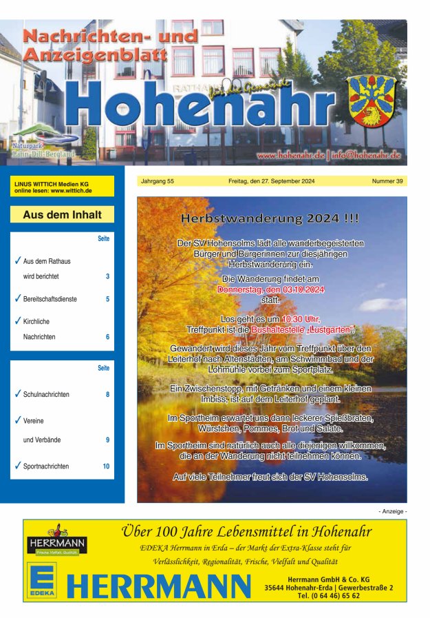 Nachrichten- und Anzeigenblatt für die Gemeinde Hohenahr Titelblatt 39/2024