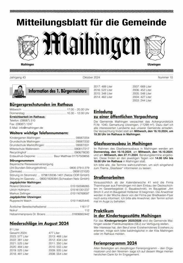 Mitteilungsblatt für die Gemeinde Maihingen Titelblatt 10/2024