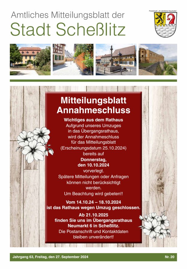 Scheßlitzer Anzeiger - Amtliches Mitteilungsblatt der Stadt Scheßlitz Titelblatt 20/2024
