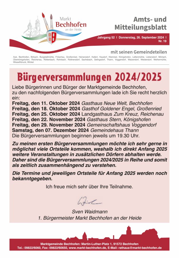 Amts- und Mitteilungsblatt für den Markt Bechhofen Titelblatt 19/2024
