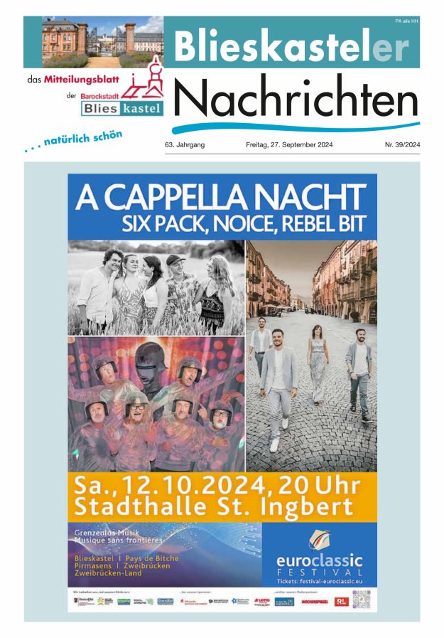 Blieskasteler Nachrichten  Titelblatt 39/2024