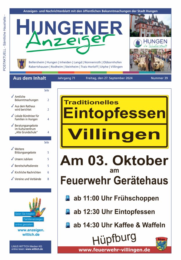 Anzeigen- und Nachrichtenblatt mit den öff  Bekanntmachungen der Stadt Hungen Titelblatt 39/2024