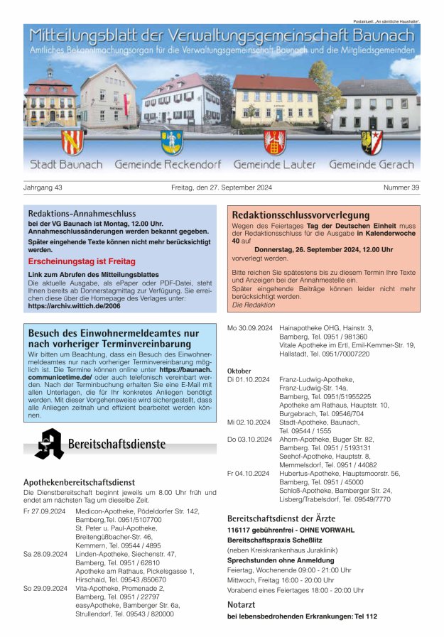 Mitteilungsblatt Verwaltungsgemeinschaft Baunach Titelblatt 39/2024