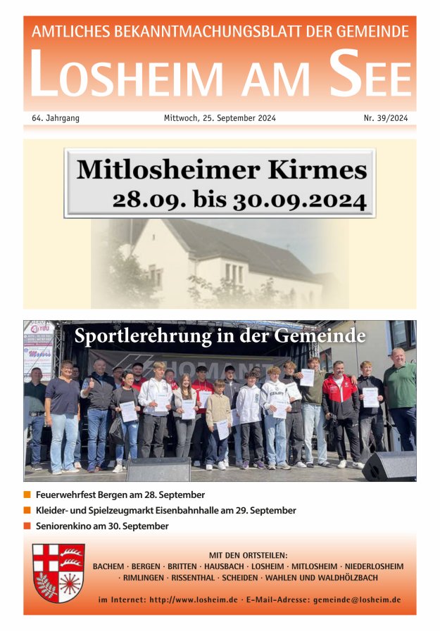 Amtliches Bekanntmachungsblatt der Gemeinde Losheim am See Titelblatt 39/2024