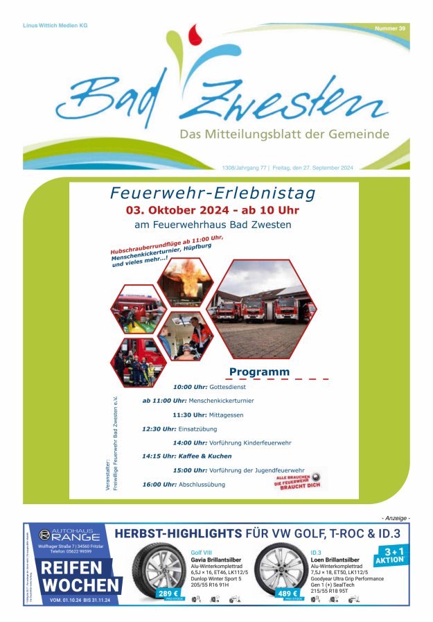 Heimatzeitung Bad Zwesten Titelblatt 39/2024