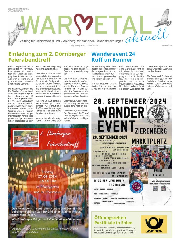 Warmetal aktuell (Habichtswald + Zierenberg) Titelblatt 39/2024