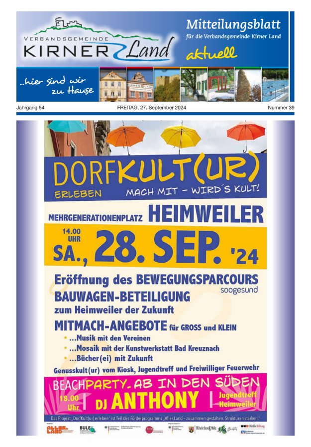 Mitteilungsblatt für den Bereich der Verbandsgemeinde Kirner Land Titelblatt 39/2024