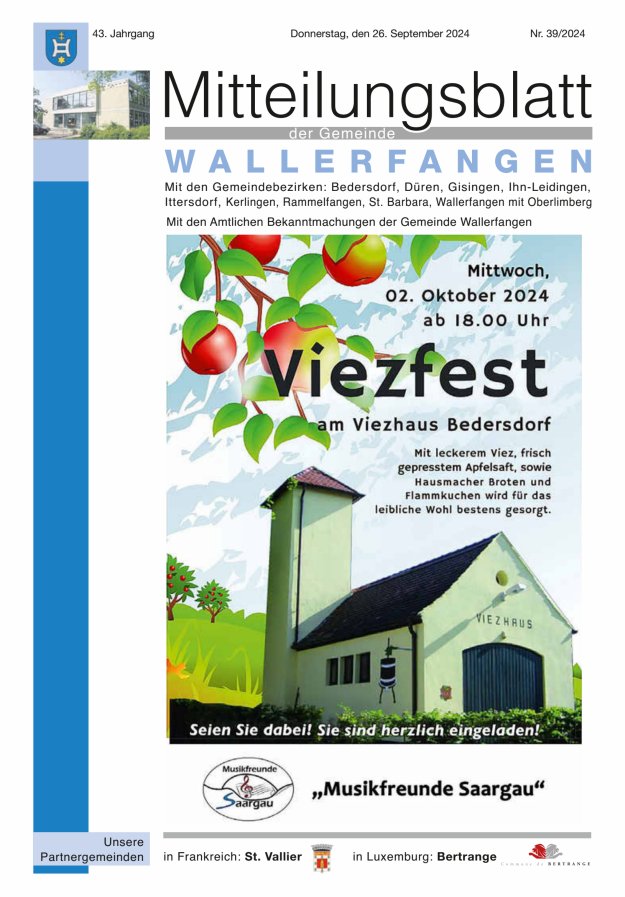 Mitteilungsblatt Gemeinde Wallerfangen Titelblatt 39/2024