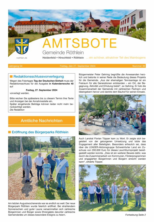 Amtsbote der Großgemeinde Röthlein Titelblatt 39/2024