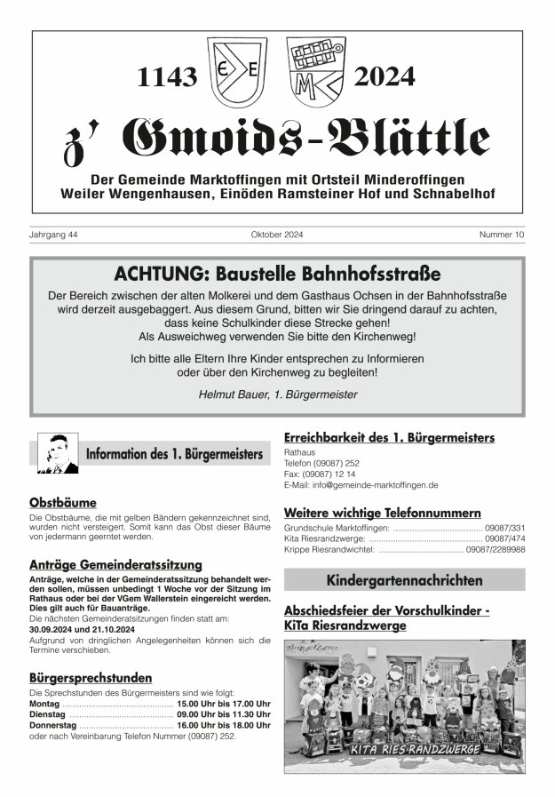 z'Gmoids-Blättle der Gemeinde Marktoffingen mit Ortsteilen Titelblatt 10/2024
