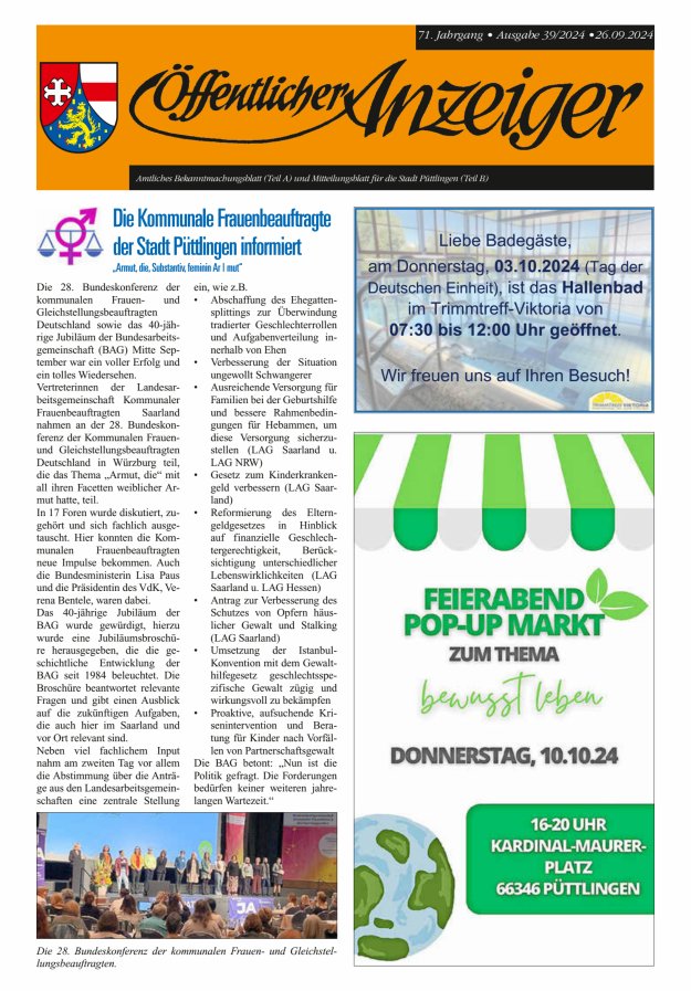 Öffentlicher Anzeiger - Stadt Püttlingen Titelblatt 39/2024