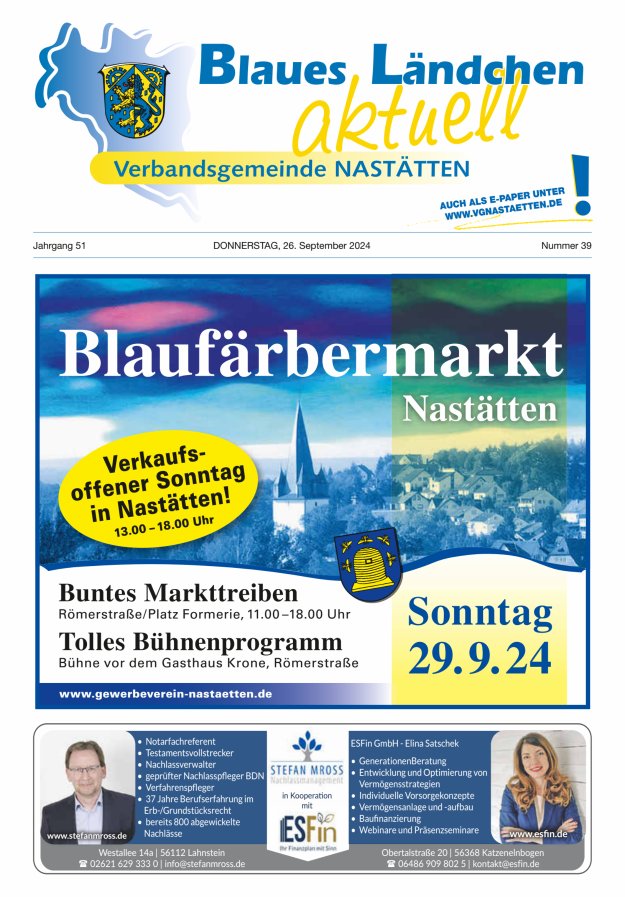 Blaues Ländchen aktuell - Heimat- u Bürgerzeitung VG Nastätten Titelblatt 39/2024