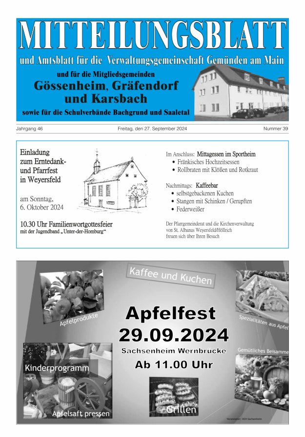 Mitteilungsblatt der VG Gemünden a Main Titelblatt 39/2024